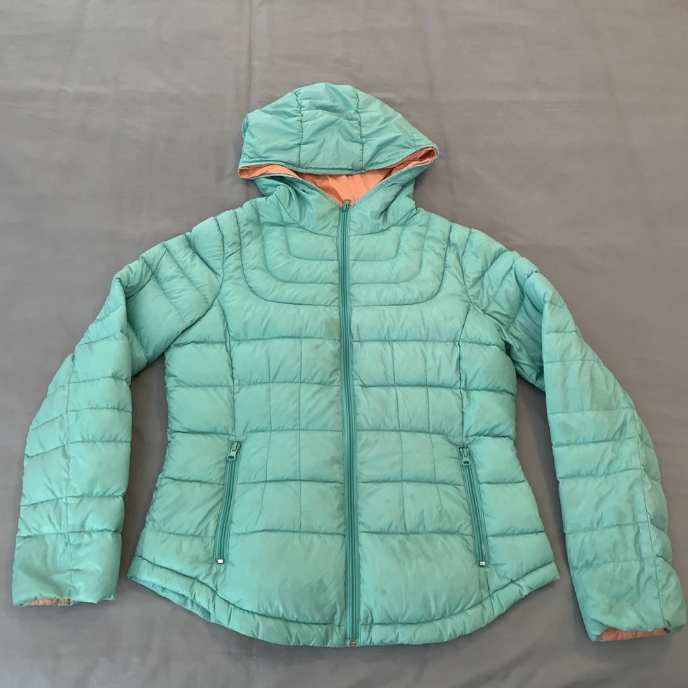 Bernardo Jacket Womens Medium Mint Green Hooded Down Quilted Puffer Zip Pockets